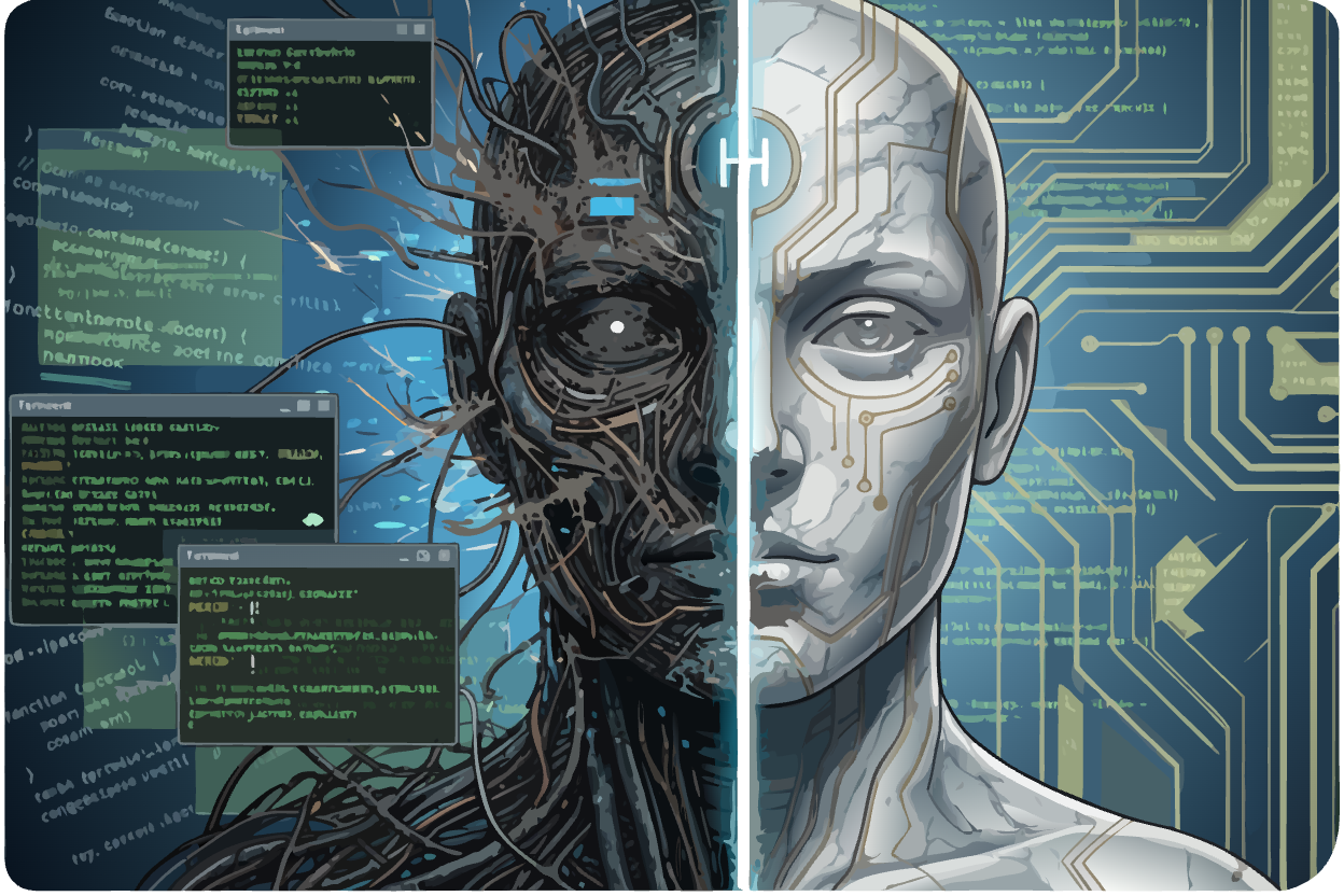 Two-faced AI agent — one side chaotic, one side structured — inspired by the Roman god Janus